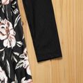 Kid Girl Ribbed Floral Print Splice Long-sleeve Dress Black