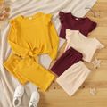 2-piece Kid Girl Ruffled Tie Knot Long-sleeve Ribbed Top and Solid Color Pants Set Ginger