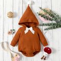 Baby Girl Solid Waffle Long-sleeve Bowknot Pom Pom Hooded Romper Brown