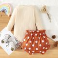 2pcs Baby Girl Letter Print Ribbed Long-sleeve Romper and Polka Dots Ruffle Shorts Set Color block