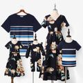 V-neck Allover Floral Print and Solid Stripe Short-sleeve Family Matching Sets Royal Blue