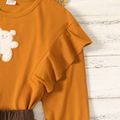 2-piece Kid Girl Ruffled Bear Embroidered Long-sleeve Top and Mesh Skirt Set Coffee