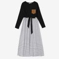 Family Matching Striped Long-sleeve Splicing Belted Dresses and Shirts Sets Black/White