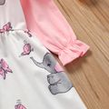 Toddler Girl Elephant Print Doll Collar Button Design Colorblock Long-sleeve Dress Pink