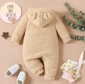 Baby Boy/Girl Solid Apricot Thickened Fuzzy Fleece 3D Ears Hooded Long-sleeve Jumpsuit Apricot