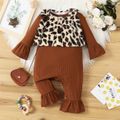 2pcs Baby Girl Brown Ribbed Long-sleeve Bell Bottom Jumpsuit and Leopard Fuzzy Fleece Vest Set Color block