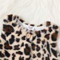 2pcs Baby Girl Brown Ribbed Long-sleeve Bell Bottom Jumpsuit and Leopard Fuzzy Fleece Vest Set Color block