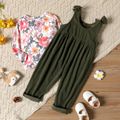 2-piece Toddler Girl Floral Print Round-collar Long-sleeve Tee and Bowknot Button Design Army Green Overalls Set Army green
