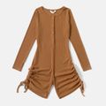 Solid Round Neck Ruched Side Long-sleeve Snug-fit Romper Shorts for Mom and Me Coffee