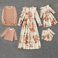 Family Matching Allover Floral Print Long-sleeve Belted Dress and Stripe Print T-shirts Sets Darkorangered
