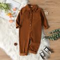Toddler Boy Elephant Embroidered Lapel Collar Button Design Long-sleeve Brown Jumpsuit Brown