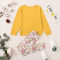 2-piece Kid Girl Floral Print Heart Pattern  Pullover Sweatshirt and Pants Set Yellow image 2