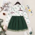 Kid Girl Deer Leaf Print Bowknot Design Mesh Splice Long-sleeve Dress Green/White
