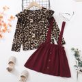 2-piece Kid Girl Leopard Print Ruffled Long-sleeve Top and Button Design Suspender Skirt Set DarkBrickRed image 2