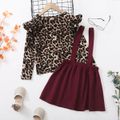 2-piece Kid Girl Leopard Print Ruffled Long-sleeve Top and Button Design Suspender Skirt Set DarkBrickRed image 3