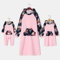 Contrast Floral Print Long-sleeve Kangaroo Pocket Hoodie Dress for Mom and Me Pink