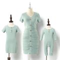 Solid Green Ribbed Short-sleeve Mini Bodycon Ruched Dress for Mom and Me Mint Green image 1