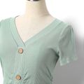Solid Green Ribbed Short-sleeve Mini Bodycon Ruched Dress for Mom and Me Mint Green image 3