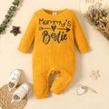 Baby Girl Letter Print Solid Waffle Long-sleeve Jumpsuit Yellow image 1