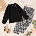 2-piece Kid Girl Button Design Raglan Sleeve Black Sweatshirt and Bowknot Design Plaid Pants Set Black