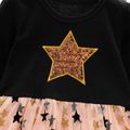 Sequined Star Print Mesh with Star Allover Layered Long-sleeve Black and Pink Toddler Dress Black