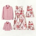 Family Matching 100% Cotton Pink Jacquard Sleeveless Party Dresses and Solid Shirts Sets PinkyWhite