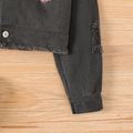 Kid Girl Sequined Pocket Lapel Collar Button Design Ripped Denim Jacket Black