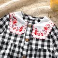 Toddler Girl Floral Embroidered Statement Collar Button Design Long-sleeve Plaid Dress Black/White