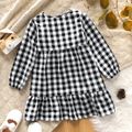 Toddler Girl Floral Embroidered Statement Collar Button Design Long-sleeve Plaid Dress Black/White