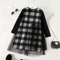 Kid Girl Round-collar Plaid Mesh Design Long-sleeve Dress Black/White