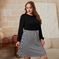 Women Plus Size Elegant Stripe Long-sleeve Dress Black