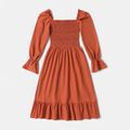 Coral Solid Color Square Neck Bell Sleeve Shirred Smocked Long-sleeve Dress for Mom and Me Coral