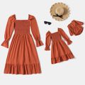 Coral Solid Color Square Neck Bell Sleeve Shirred Smocked Long-sleeve Dress for Mom and Me Coral