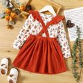 2-piece Toddler Girl Floral Print Long-sleeve Tee and Ruffled Fox Pattern Overall Dress Set Brown