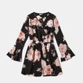Floral Print Long-sleeve Wrap Belted Romper Shorts for Mom and Me Black