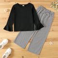 2-piece Kid Girl Long Bell sleeves Black Tee and Bowknot Design Plaid Straight Pants Set Black/White