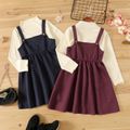 2-piece Kid Girl Mock Neck Long-sleeve Ribbed Top and Solid Color Overall Dress Set Burgundy
