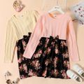 Kid Girl Bowknot Design Cable Knit Textured Floral Print Splice Long-sleeve Dress Pink