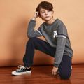 2-piece Kid Boy Letter Embroidered Textured Pullover Sweatshirt and Fleece Lined Pants Set Light Grey