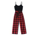 Christmas Red Plaid Splicing Black Sleeveless Cami Jumpsuit for Mom and Me redblack