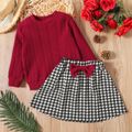 2-piece Toddler Girl Cable Knit Textured Sweater and Bowknot Design Houndstooth Skirt Set Burgundy image 1