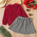 2-piece Toddler Girl Cable Knit Textured Sweater and Bowknot Design Houndstooth Skirt Set Burgundy
