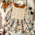 2-piece Toddler Girl Doll Collar Cable Knit Vest Coat and Floral Print Long-sleeve Dress Set Apricot