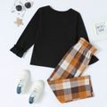 2-piece Kid Girl Floral Face Graphic Print Bell sleeves Sweatshirt and Plaid Paperbag Pants Set Black