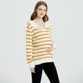 Maternity Half Open Collar Stripes Print Sweater yellowwhite