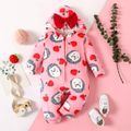 Baby Girl All Over Animal and Fruit Print Pink Long-sleeve Hooded Jumpsuit Pink