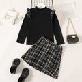 2-piece Elegant Kid Girl Ruffled Mock Neck Long-sleeve Tee and Plaid Tweed A-line Skirt Set Black image 1