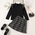 2-piece Elegant Kid Girl Ruffled Mock Neck Long-sleeve Tee and Plaid Tweed A-line Skirt Set Black image 2