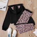 2-piece Kid Girl Letter Print Ear Design Hoodie Sweatshirt and Leopard Print Pants Set Black
