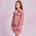 2-piece Kid Girl Christmas Lapel Collar Button Design Ribbed Pink Shirt and Skirt Set Pink
